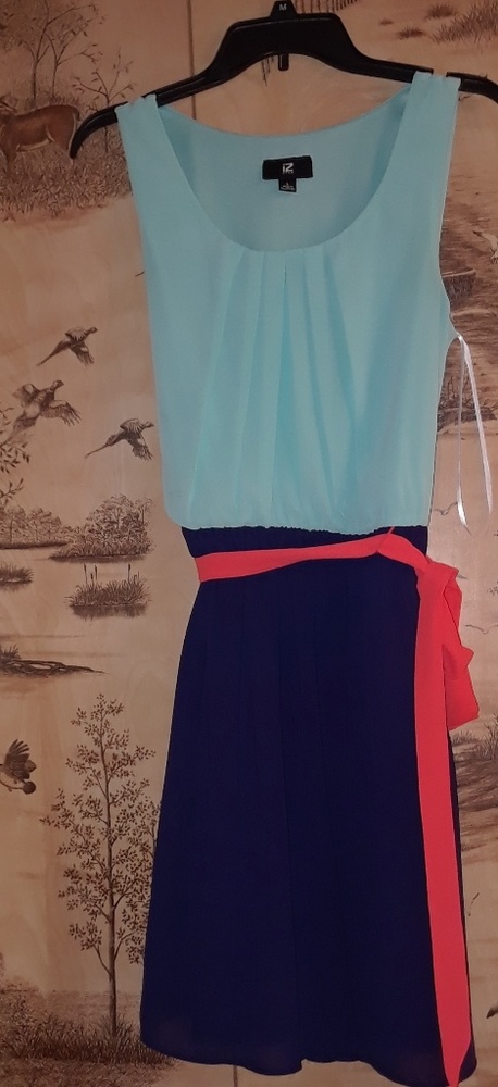 Blue with pink belt dress